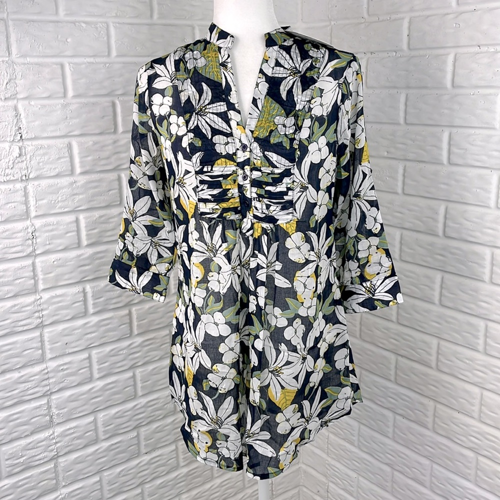 MAGAZINE TUNIC BLOUSE FLORAL SEMI SHEER 3/4 SLEEVE 100% Cotton SIZE SMALL